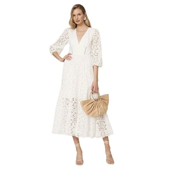 Jonathan Simkhai White Puff Sleeve V-Neck Intricate Lace Midi Dress Size 2 - Picture 1 of 16